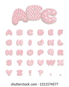 Gingerbread font with icing, alphabet from the letter glaze, white to pink, EPS 10 vector illustration