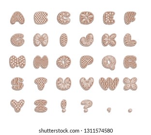 Gingerbread font with icing, alphabet from the letter glaze, white to brown, EPS 10 vector illustration