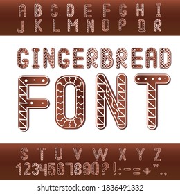 Gingerbread font. Typographic vector stock illustration. Christmas type or font. English letters with Christmas gingerbread. Illustration with font, alphabet or abc. Sweet biscuit