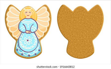 Gingerbread in the form of a beautiful angel with and without frosting. Illustration, vector on an isolated background