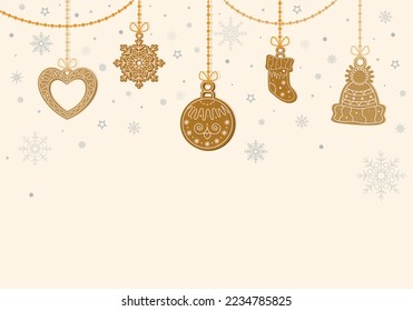 Gingerbread in the form of Christmas decorations. Cute template with gingerbread and snowflakes for New Year cards and banners. Vector illustration in flat style.