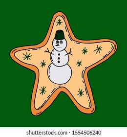 Gingerbread in the form of a five-pointed star with a snowman. Color cute winter illustration in Doodle style. One item for Christmas or new year decoration. Sketch drawn by hand. Object isolated on