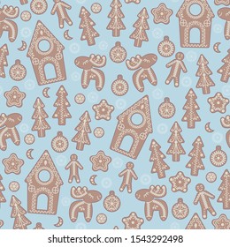Gingerbread in the form of houses, Christmas trees, deer, men and Christmas toys, seamless vector pattern