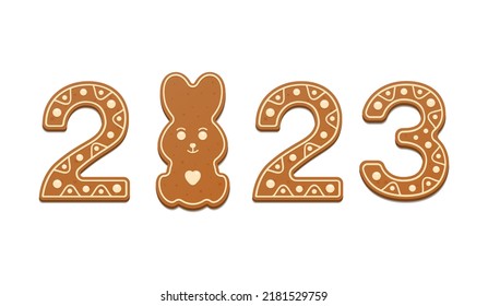 Gingerbread in the form of numbers 2023 and the symbol of the year the rabbit. 2023 rec. Cookie. Flat, vector