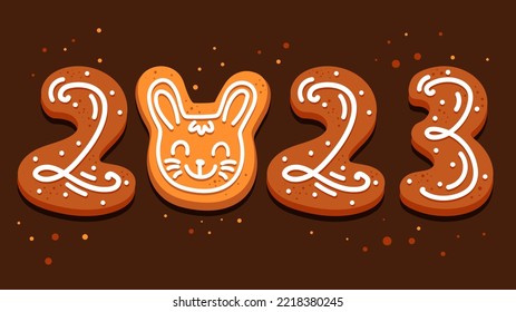 Lebkuchen in Form von Zahlen und Kaninchensymbol von 2023 Kaninchen im Cartoon-Stil