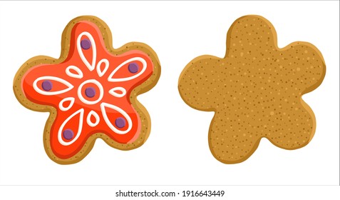 Pan de jengibre en forma de flor roja con y sin hielo. Ilustración, vector sobre un fondo aislado.
