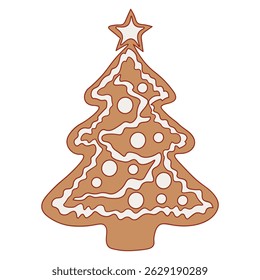 Gingerbread with frosting in the shape of a fir tree. A festive treat. Vector illustration