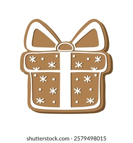 Gingerbread gift box holiday cookie. Flat vector illustration in brown and white colors