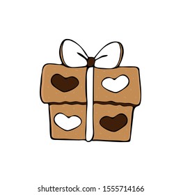 Gingerbread gift box with icing ribbon, bow and hearts. Traditional Christmas baking, cookies isolated on white background. Vector illustration for seasonal decoration, greeting card, stickers.