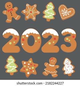 Gingerbread gift celebration new year card. Vector illustration. 2023