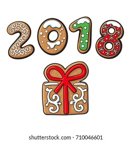 Gingerbread gift cookie vector isolated illustration on a white background. New year 2018 baked candy numbers. Cartoon sweet cake in the form of present box. Traditional winter holiday home treat