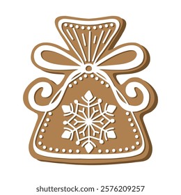 Gingerbread gift holiday cookie. Flat vector illustration in brown and white colors