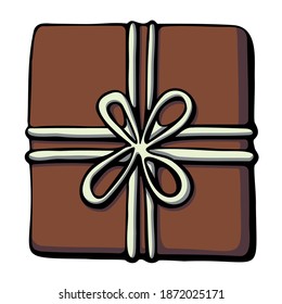 Gingerbread gift, sugar white glaze for decoration, Christmas holiday snack, present shape. Hand drawn vector illustration, isolated on background.