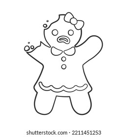 Gingerbread girl cookie with bite outline doodle cartoon illustration. Funny Winter Christmas food theme coloring book page activity for kids.