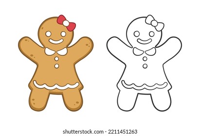 Gingerbread girl cookie outline and colored doodle cartoon illustration set. Winter Christmas food theme coloring book page activity for kids.