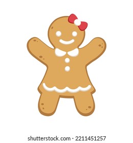 Gingerbread Girl Cookie With Ribbon And Dress. Winter Christmas Food Cartoon Illustration.