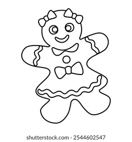 Gingerbread girl doodle style. Hand drawn black and white isolated holiday baking. Coloring page art therapy, line art Christmas sweet. Vector illustration
