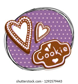 Gingerbread with a glaze on a purple polka dot plate. Freehand drawing.