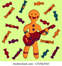 Gingerbread with a guitar surrounded by flying sweets
