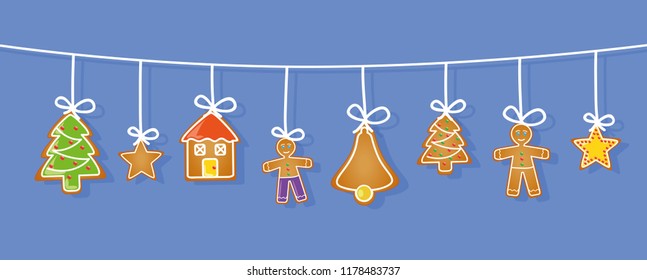 gingerbread hanging set star house man christmas tree bell vector illustration EPS10