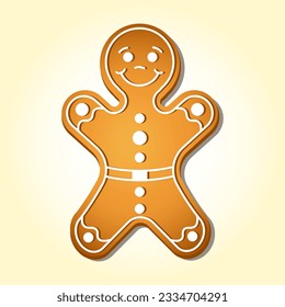 Gingerbread happy man, Christmas traditional sweet cookie with sugar ornament for Santa. Cartoon vector illustration
