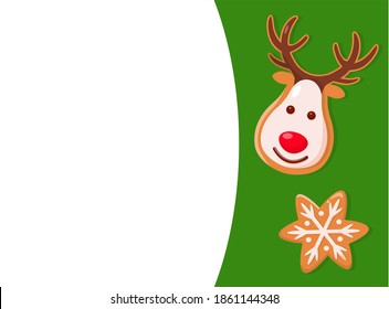 Gingerbread of head deer and figurine of snowflake in flat style. Merry Christmas winter greeting card in green color decorated with cookies vector