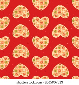 Gingerbread heart. Christmas red seamless pattern with cookie in the form of mans, mittens, stockings. Isolated vector stock illustration EPS 10.