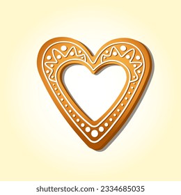 Gingerbread heart Christmas traditional sweet cookie with sugar ornament for Santa. Cartoon vector illustration