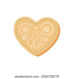 Gingerbread heart cookie isolated on white background. Homemade festive baking. Christmas sweet dessert with frosting decor. Vector hand drawn flat illustration