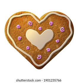 Gingerbread heart decorated colored icing. Holiday cookie in shape of heart