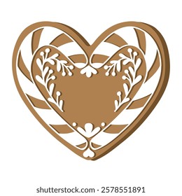 Gingerbread heart holiday cookie. Flat vector illustration in brown and white colors