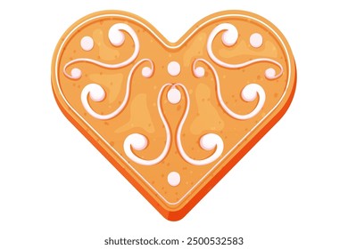 Gingerbread heart with icing, holiday cookie, winter traditional cake or snack. Christmas gift, present. Sweet dessert.