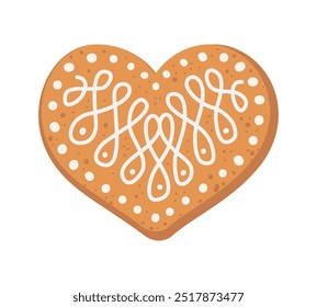 Gingerbread Heart shaped Cookie with decorative sweet glaze and icing. Vector flat illustration design isolated on white background. Traditional Christmas holiday cookies.. Homemade ginger baking