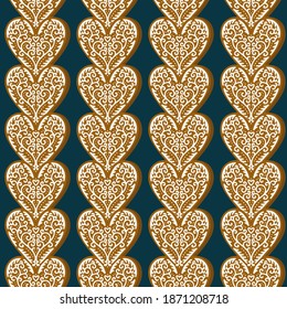 gingerbread heart shaped cookies with sugar icing in regular rows winter season Christmas time colorful vector seamless pattern on dark background