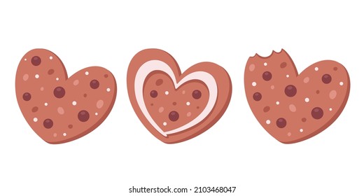 Gingerbread in heart shaped. Ginger cookies. Valentines Day sweets. Vector illustration