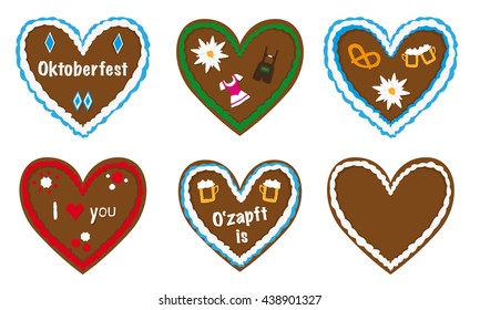 gingerbread heart vector collection, traditional bavarian octoberfest gift, different designs, lederhosen, beer, dirndl icons