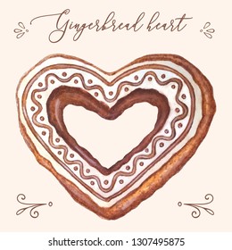 Gingerbread heart vector. Gingerbread heart vector illustration for Christmas card, menu, recipes. Watercolor gingerbread heart vector illustration for package, invitation. Gingerbread heart vector.
