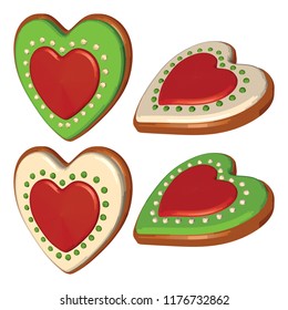 Gingerbread Hearts in Different Views. Set of Cookies with Green Red and White Icing. Vector 3D Realistic illustration isolated on White Background.