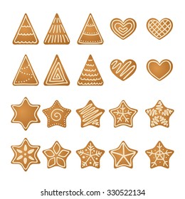 Gingerbread hearts, stars and trees collection. Vector illustration