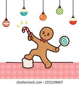 gingerbread holding sweets candy cane and lollipop kawaii doodle flat cartoon vector illustration