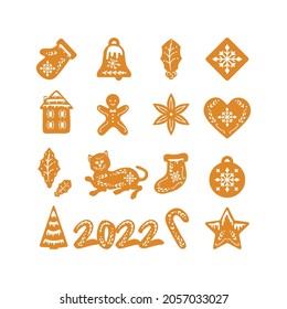 Gingerbread holidays cookies. Christmas, New Year winter food. Festive figures, symbols decorated with glazed sugar. Cookies glove, sock, heart, house, christmas tree, tiger, 2022, bell, star, bauble.