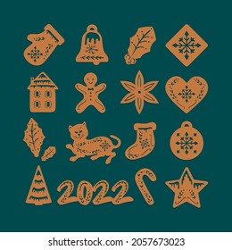 Gingerbread Holidays Cookies. Christmas, New Year Winter Food. Christmas Ginger Laser Cut. Vector Cookies, Glove, Sock, Heart, House, Christmas Tree, Tiger, 2022, Bell, Star, Bauble.
