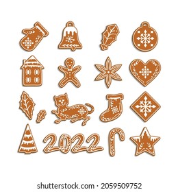 Gingerbread holidays cookies. Christmas, New Year winter food. Festive figures, symbols decorated with glazed sugar. Cookies glove, sock, heart, house, christmas tree, tiger, 2022, bell, star, bauble.