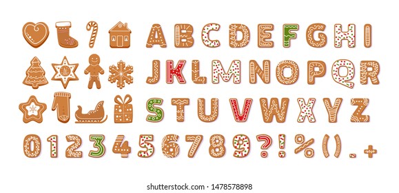 Gingerbread holidays cookies font alphabet, Christmas or New Year winter food. Figures decorated glazed sugar, arabic number and sign. Cookies gift box, heart, house, mitten, tree vector illustration