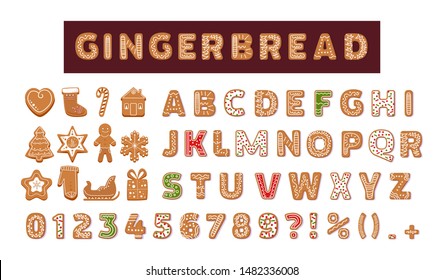 Gingerbread holidays cookies font alphabet, Christmas or New Year winter food. Figures decorated glazed sugar, arabic number and sign. Cookies gift box, heart, house, mitten, tree vector illustration