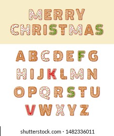 Gingerbread holidays cookies font alphabet, Merry Christmas or New Year cookies winter food. Figures decorated glaze sugar, arabic number and sign. Full english ABC vector cartoon illustration 