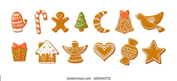 Gingerbread holidays cookies font alphabet. Christmas or New Year winter food with glazed sugar. Gingerbread cookies in shape of tree, house, lollipop, bell, heart, gift box, bird, candy, angel vector