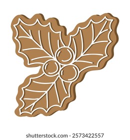 Gingerbread holly holiday cookie. Flat vector illustration in brown and white colors