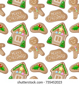 Gingerbread holly jolly and house vector pattern. Christmas gingerbread seamless pattern on white background. New Year seasonal decor. Christmas gift wrapping paper. Gingerbread man cookie pattern