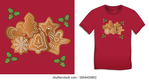 Gingerbread and holly leaves, graphic design for t-shirts, Christmas motif image vector